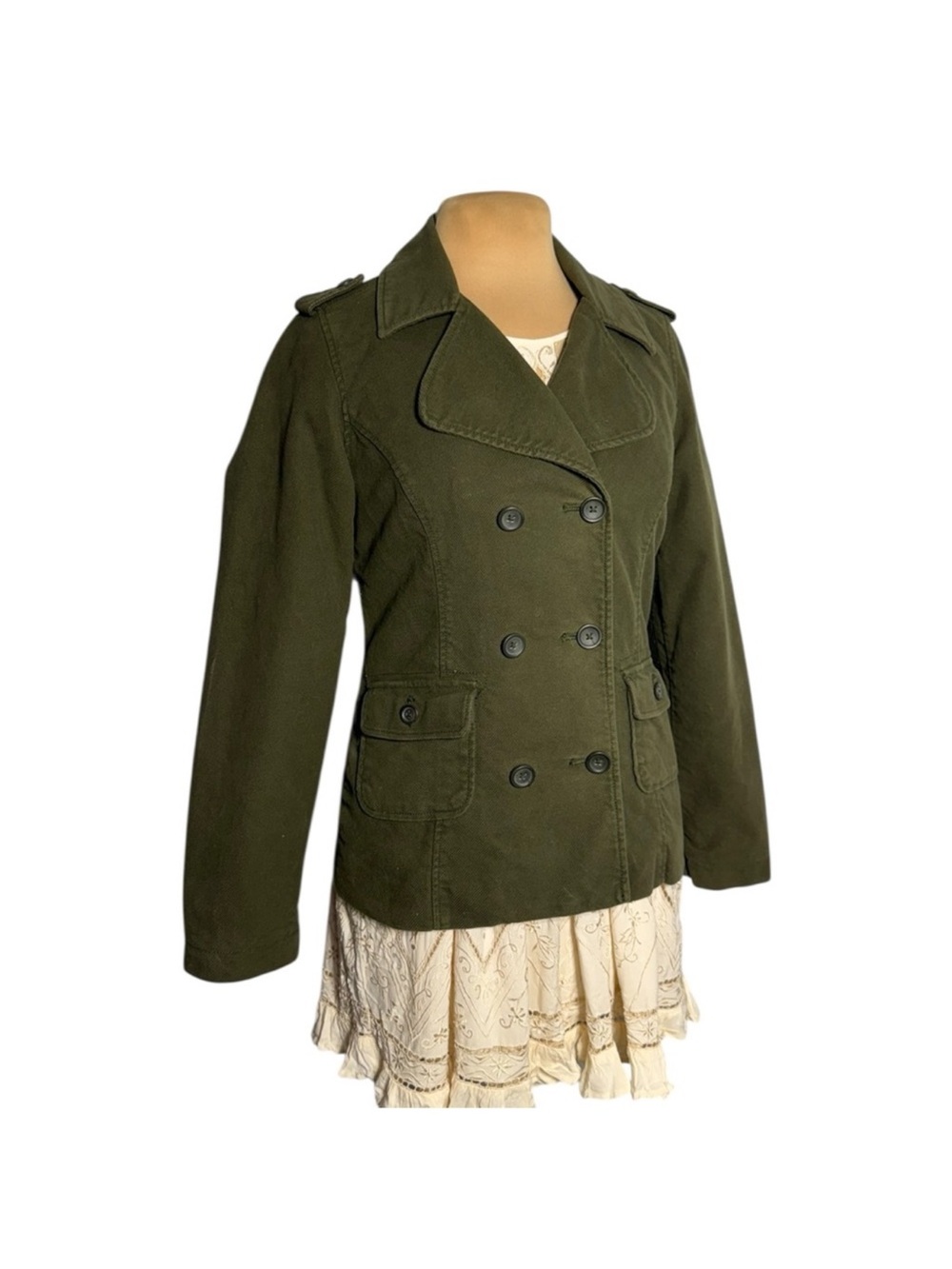 VTG Mossimo Olive Green Double Breasted Military Pea Coat Utility Jacket Y2K M - Picture 3 of 9